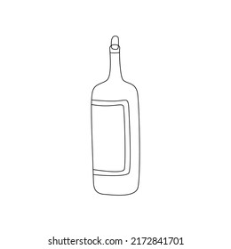 Continuous line drawing of sweet, dry wine bottle with cork. Wine lovers. Minimalist black linear sketch. Poster, print, menu design, coloring. Outline, doodle style. Hand drawn vector Illustration.