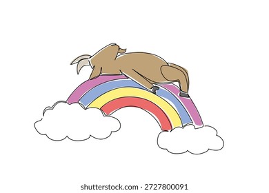 Kontinuierliche Linienzeichnung von süßen lebhaften Ziege schlafen Rückenlehne auf Regenbogen mit Wolken. Das Design des Naturkonzepts fängt ein Bergthema für das Jahr der Ziege ein. Minimalistische Vektorkunst für Streichelzoo-Flyer