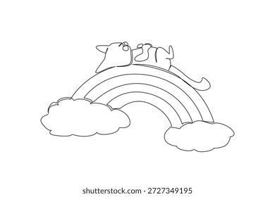 Dibujo de línea continua de un dulce y adorable gato mascota descansando su cabeza mientras está en posición supina sobre un arco iris colocado entre dos nubes. Concepto de Naturaleza, tema de mascotas para el Día Internacional del Gato