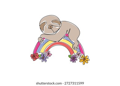 Desenho de linha contínua de preguiça doce e lenta descansando graciosamente sobre um arco-íris, maravilhosamente decorado com flores florescentes. Conceito natural de relaxamento, adequado para roupas infantis