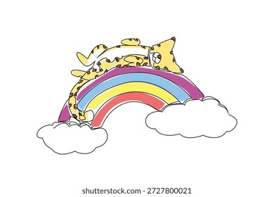 Continuous line drawing of sweet swift cheetah sleeping supine on a rainbow. Nature concept design savannah theme for big cat awareness. Minimalist art for kids stationary and fauna tshirt design
