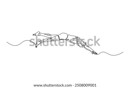 Continuous line drawing of swimmer in action. Athlete swimming simple outline illustration. 