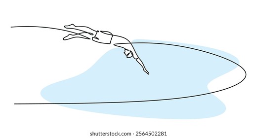 Continuous line drawing of a swimmer diving into a pool, showcasing sport, fitness, and the joy of swimming. Minimalist design for healthy living. Vector illustration hand drawn.