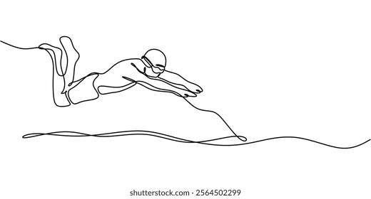 Continuous line drawing of a swimmer diving into a pool, reflecting athleticism, water sports, and health. Minimalist design for sport and fitness. Vector illustration hand drawn.