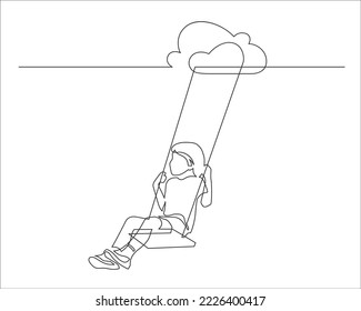 Continuous line drawing of swing. Child swinging on clouds swing. Vector illustration