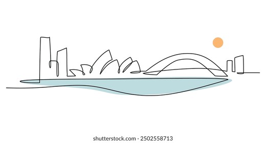 Continuous line drawing of Sydney, Australia. Black-and-white illustration of iconic tourist locations.