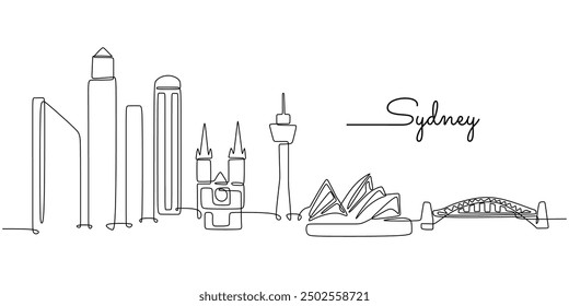 Kontinuierliche Linienzeichnung von Sydney, Australien. Einfache Schwarz-Weiß-Illustration beliebter Touristenattraktionen.