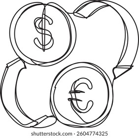 Continuous line drawing symbolizing the euro and dollar exchange rate, currency conversion, line art, monochrome, vector