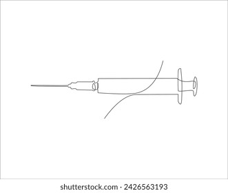 Continuous Line Drawing Of Syringe For Injections. One Line Of Syringe. Inject Continuous Line Art. Editable Outline.