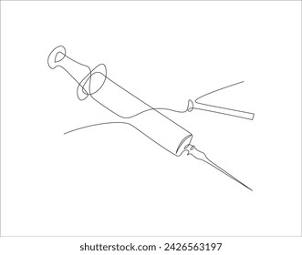 Continuous Line Drawing Of Syringe For Injections. One Line Of Syringe. Inject Continuous Line Art. Editable Outline.