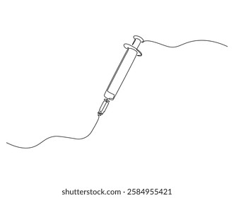 Continuous line drawing of syringe medical equipment. Single line illustration of medical syringe. Medical health concept. Editable outline