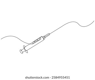 Continuous line drawing of syringe medical equipment. Single line illustration of medical syringe. Medical health concept. Editable outline