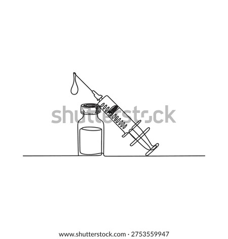 Continuous line drawing of a syringe and vial with liquid droplet