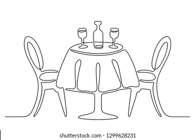 Continuous line drawing. Table with chairs. Bottle and two wine glasses. Black isolated on white background. Hand drawn  vector illustration.