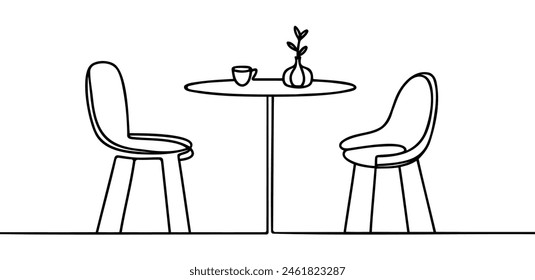 Continuous line drawing. Table with chairs. Cafe or restaurant background. Hand drawn vector illustration