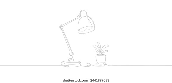 Lámpara de mesa de dibujo de línea continua y florero con flores. Una línea de confort para el hogar. Vector