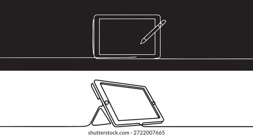 Desenho em linha contínua de um comprimido e caneta. Um design de esboço minimalista com um tablet digital com uma caneta, apresentado em uma vista superior e uma vista angular em um suporte. Esta ilustração simples em linha única representa tecnologia, criatividade e arte digital, ideais para vários projetos de design relacionados à tecnologia.
