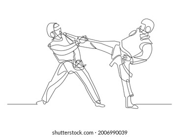 Continuous line drawing of Taekwondo fighting hand-drawn line art minimalist design. vector illustration.