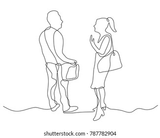 dibujo de línea continua de una mujer y un hombre parlantes