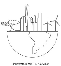 Continuous line drawing of a tall building electric turbine tree in the world vector illustration