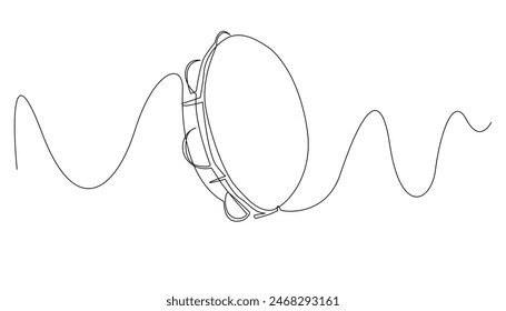 Kontinuierliche Linienzeichnung von Tambourine.Tambourine Percussion Musikinstrument Einzellinienzeichnung.Isolierter weißer Hintergrund