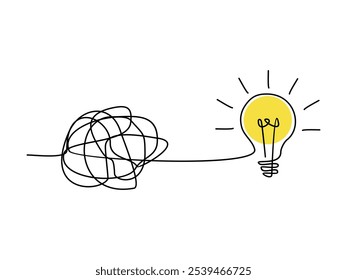 continuous line drawing of tangled and scribble wires with light bulbs design vector on transparent background