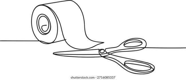 Continuous line drawing of tape roll and scissors, minimalist stationery vector art. Hand drawn illustration of office supplies, simple craft tools sketch. One line art of cutting and adhesion, utility graphic. Doodle of school items, simple contour drawing. Stylized illustration of creative tools, abstract workshop scene.