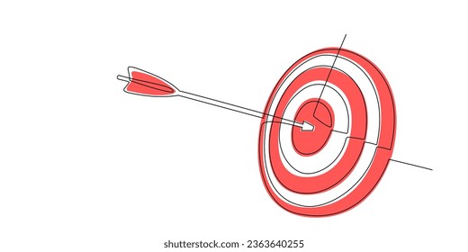 Continuous line drawing of Target with arrow. Single line illustration of red and white goal circle with arrow in center. Business strategy concept. Arrow in target pad. Grow according to colored goal