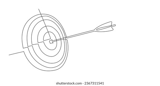 Continuous line drawing of Target with arrow. Single line illustration of goal circle with arrow in center. Business strategy concept. Arrow in target pad. Grows according to goal. Vector illustration