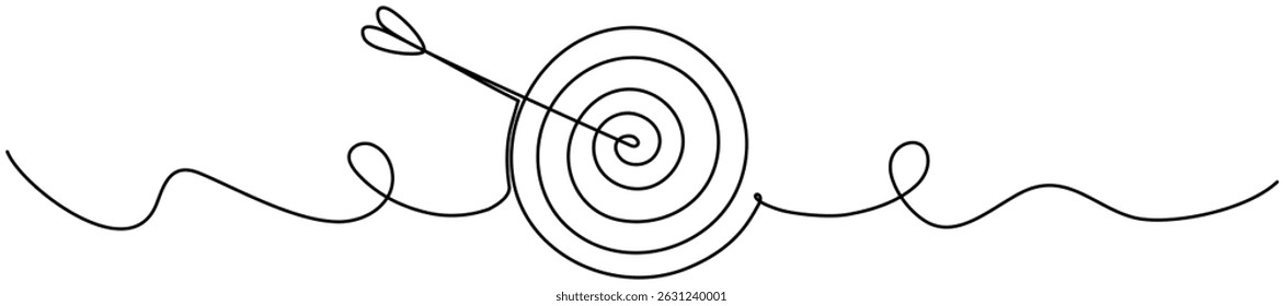 Continuous line drawing of target with arrow. Hand drawn linear goal circle. Business strategy concept. Vector illustration isolated on white.