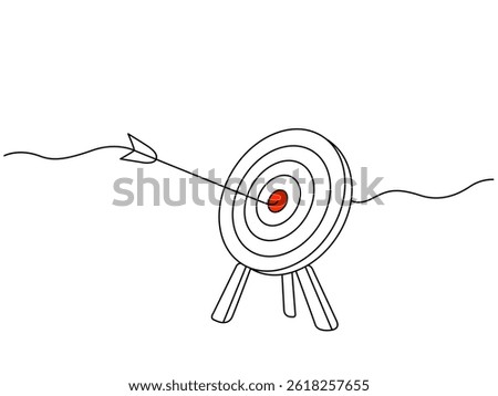 continuous line drawing of target with arrow hit the target. achievement and business concept. flat vector linear illustration isolated on white background