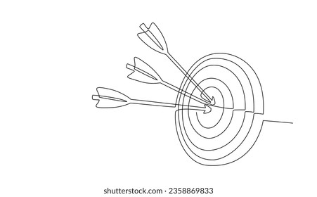 Dibujo continuo de línea de Target con flechas. Ilustración de una sola línea del círculo de gol con tres flechas en el centro, tiro con toros. Concepto de estrategia empresarial. Flecha en el panel de destino. Ilustración del vector