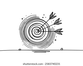 Continuous line drawing of Target with arrows. Single line illustration of goal circle with three arrows in center, shot bullseye. Business strategy concept. Arrow in target pad. Vector illustration