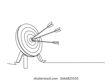Desenho de linha contínua de um alvo com três setas nos anéis centrais simboliza alta precisão, precisão e a realização focada de objetivos. Ilustração gráfica vetorial de design de desenho de linha única