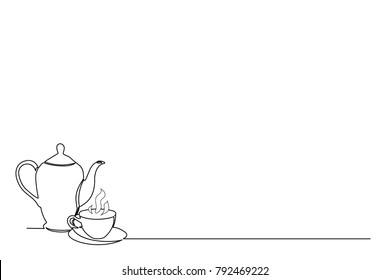 continuous line drawing Tea cup and coffee pot on a white background. Logo. Tea house. The icon. Business card. copy space
