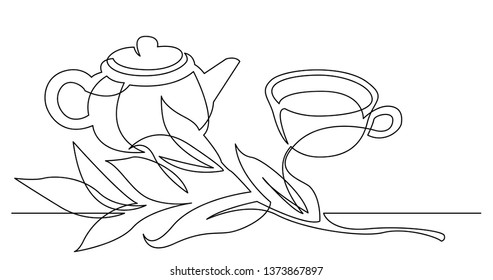 continuous line drawing of tea leaves pot and cup of herbal tea