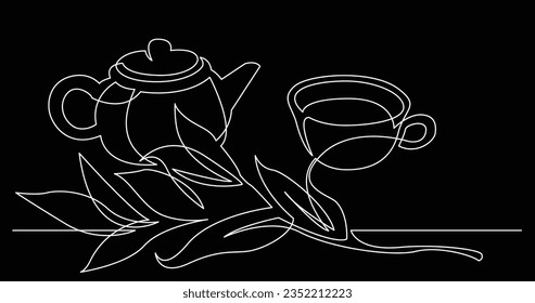 dibujo continuo de hojas de té olla y taza de té de hierbas