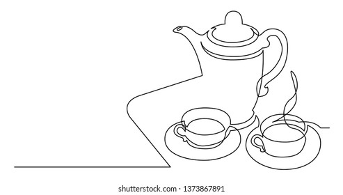 continuous line drawing of tea pot and tea cups on tray