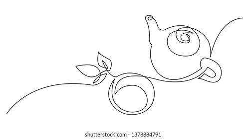 Continuous Line Drawing Of Tea Pot With Tea Leaves And Cup