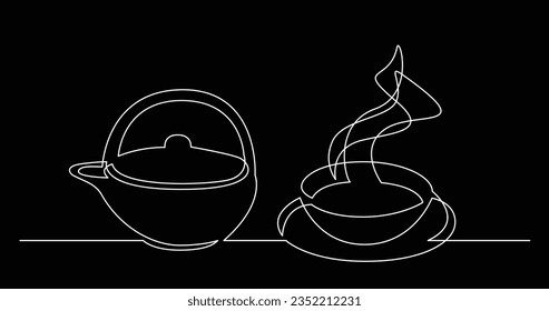 continuous line drawing of tea pot and hot tea cup