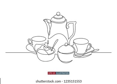Continuous line drawing of tea set. Template for your design works. Vector illustration.