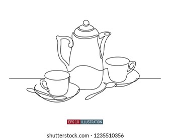 Continuous line drawing of tea set. Template for your design works. Vector illustration.