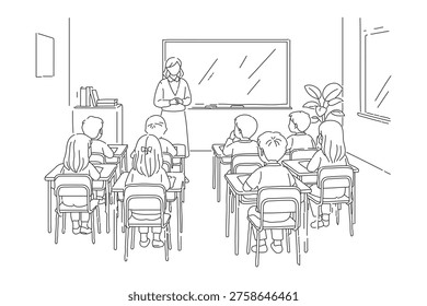 Continuous Line Drawing of a Teacher Leading a Classroom, Mentor Guiding Students in a Minimalist One Line Art Style