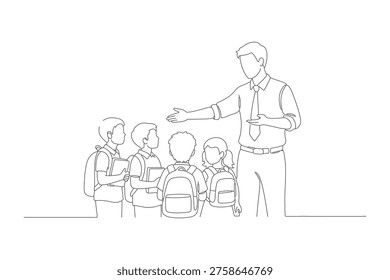 Continuous Line Drawing of a Teacher Mentoring a Group of Students with Backpacks, Minimalist One Line Art Illustration