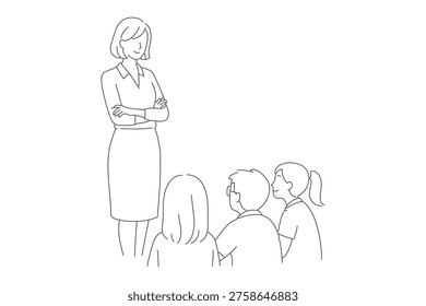 Continuous Line Drawing of a Teacher Mentoring Students in a Classroom Setting, Minimalist One Line Art Illustration