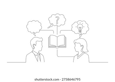 Continuous Line Drawing of Teacher and Student Sharing Ideas with Open Book, Mentor Guiding Pupil in One Line Art Style