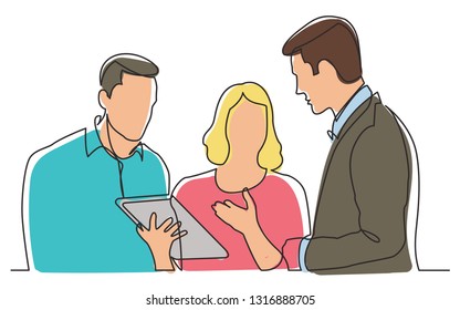 continuous line drawing of team discussing work task