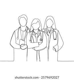 Continuous line drawing of team of doctors.. One line art of health care concept. Vector single line art group portrait of doctors.