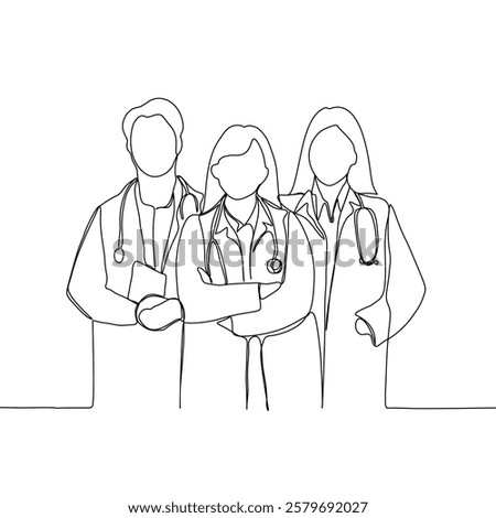 Continuous line drawing of team of doctors.. One line art of health care concept. Vector single line art group portrait of doctors.