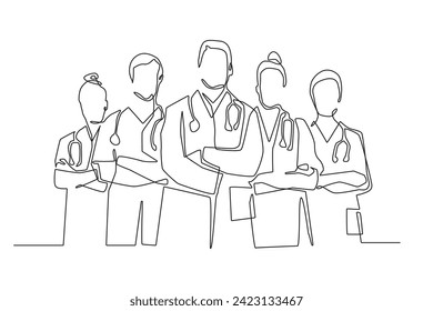 dibujo de línea continua del equipo de doctores.retrato de grupo de arte de línea única vectorial de los médicos